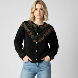 Vintage C&B Christmas Poinsettia Sweater Small Embroidery Red Green Gold